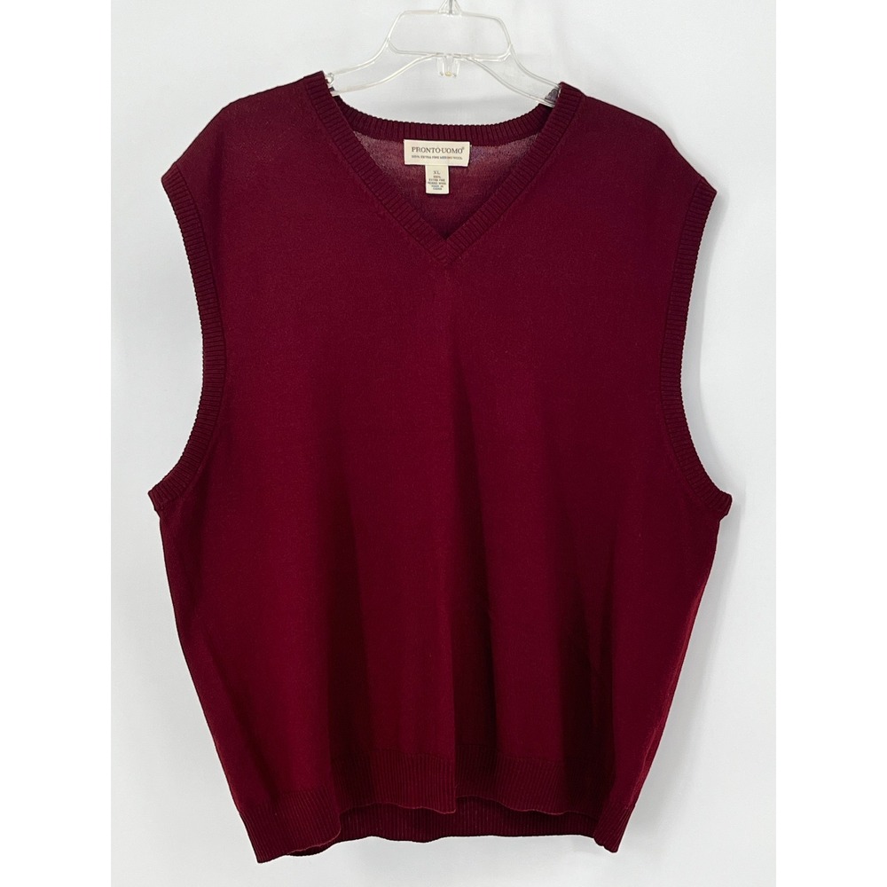 PRONTO UOMO Sweater Vest Mens XL Burgundy Red 100% Extra Fine Merino Wool V-Neck